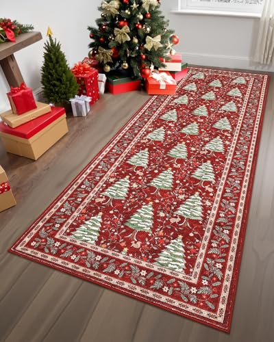 GarveeHome Red 2' x 6' Christmas Floor Runner Rug Non-Slip Washable Low-Pile with Tree & Animals Print
