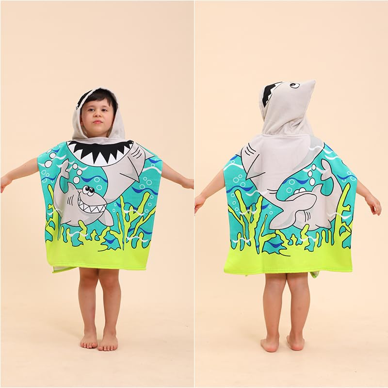 Kids Shark Hooded Beach Towel - Quick Dry Microfiber Poncho Towel Robe