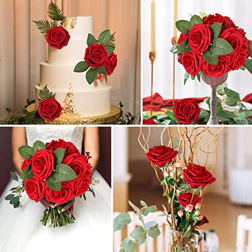 25pcs Dark Red Artificial Roses with Bendable Stems for Decor