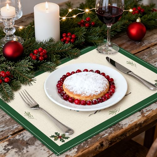 OTOSTAR Christmas Tree Green Placemats Set of 6, 12x18 Inch Holiday Table Decor