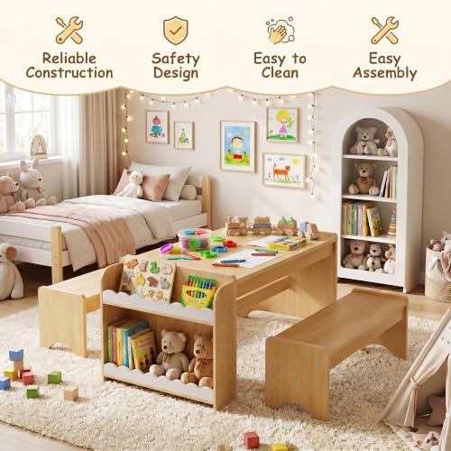 Kids Wooden Activity Table and Bench Set with Storage Shelves