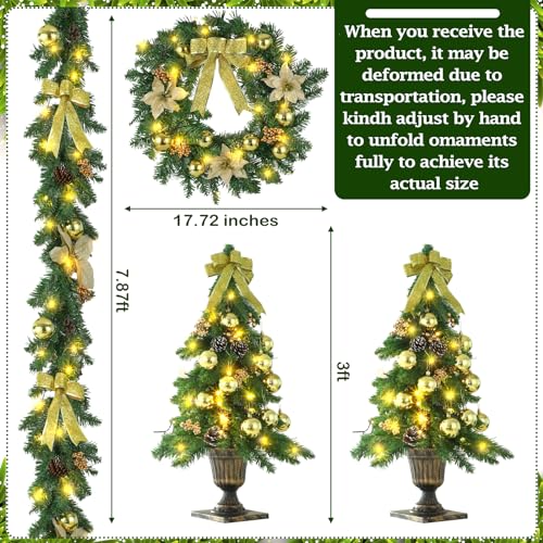 Pre Lit Christmas Garland and Wreath Set - Gold Holiday Decor, Indoor & Outdoor