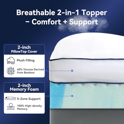 King Size 4-Inch Dual Layer Memory Foam Mattress Topper with Cooling Gel & Pillow Top
