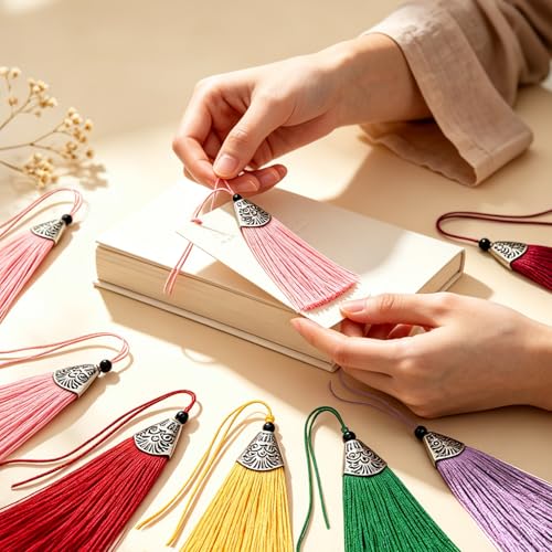 20pcs Boho Silk Tassel Charms with Antique Silver Caps for DIY Jewelry Craft