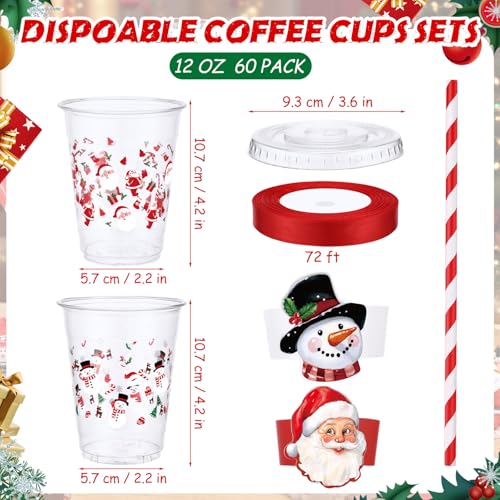 Christmas Plastic Cups Bulk 60 Pcs with Lids & Straws - Santa & Snowman Theme