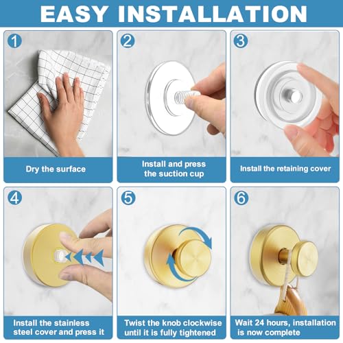 Gold Vacuum Suction Cup Hooks - Heavy Duty No-Drill Shower Towel Hooks (2 Pack)