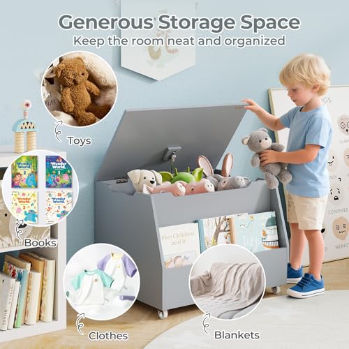 Wooden Kids Toy Storage Chest with Wheels and Soft-Close Lid, Gray