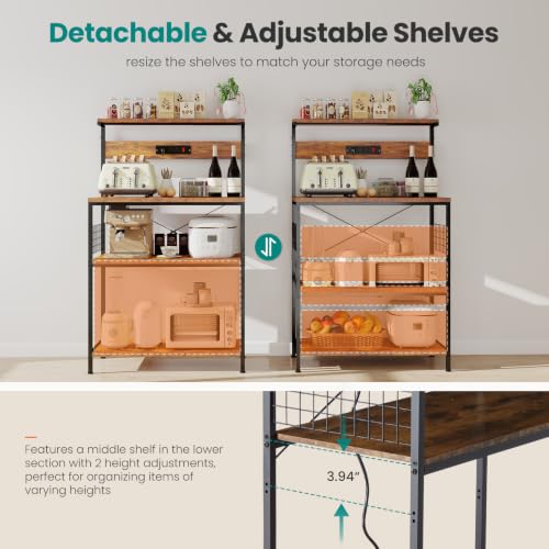 23.6-Inch Kitchen Bakers Rack with Power Outlet and 3 Adjustable Shelves