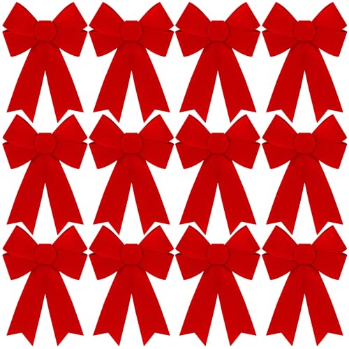 12ct Large 9x12 in Red Christmas Bows with Gold Wire - Indoor/Outdoor PVC Velvet Gift Decor