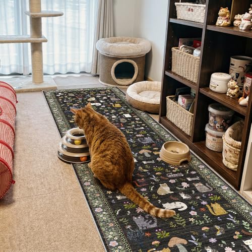 Washable 2x10 Hallway Runner Rug - Non-Slip Low Pile Cat Print Carpet