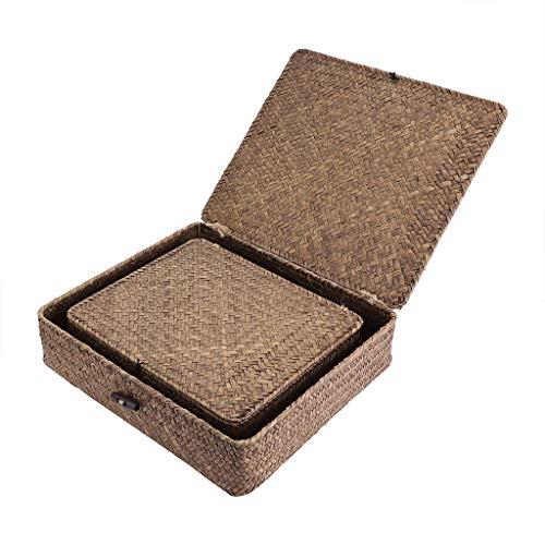 Set of 2 Woven Seagrass Storage Bins with Lids Coffee Flat Baskets