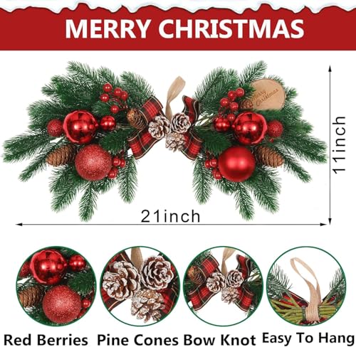 HiiARug 21 Inch Red Berry Christmas Swag Set of 2 - Artificial Holiday Wreaths for Front Door & Mantel Decor