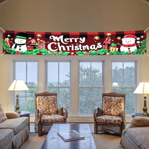 IVN Merry Christmas Snowman Plaid Banner 118 x 20 Inch - Snowman Plaid Variant