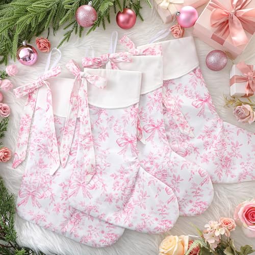 Pink Christmas Stockings Set 4 Pcs 18in Coquette Floral Hanging Decorative Stockings