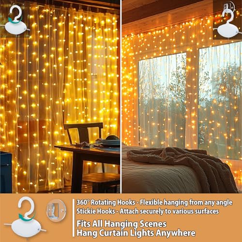 HXWEIYE 300LED Fairy Curtain Lights 9.8x9.8Ft USB Remote Warm White