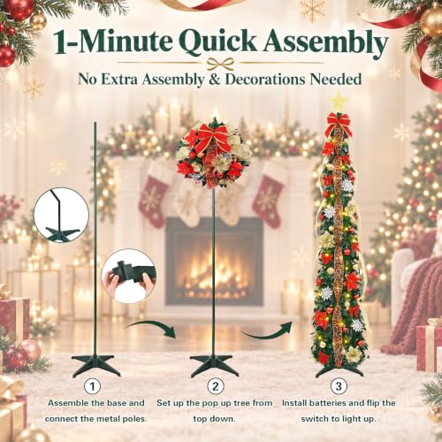 Red 6Ft Pre-Lit Christmas Tree with Lights & Decorations - Slim & Collapsible