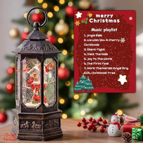 12-Inch Musical Christmas Snow Globe Lantern with Cardinals & LED Timer