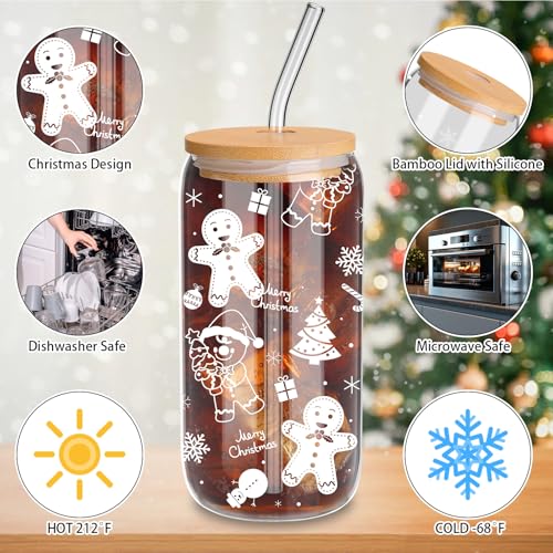 Yetene White Christmas Pattern Holiday Glass Cups Set 16oz with Lid & Straw