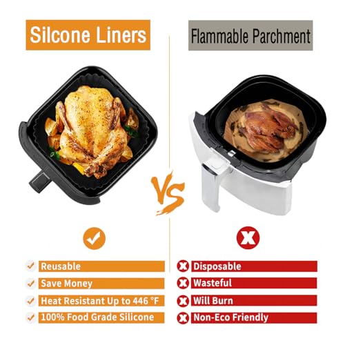 2 Pack Square Silicone Air Fryer Liners, Reusable Non-Stick Basket Insert