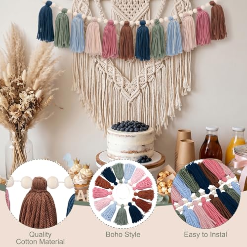 4 Pcs Boho Tassel Garland Set, Pastel Rainbow Wall Decor with Wood Beads