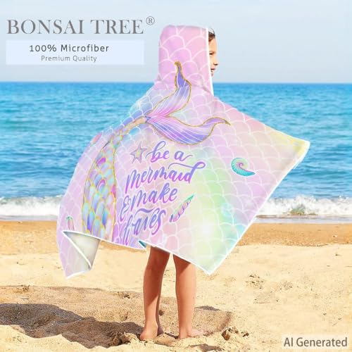Girls' Mermaid Hooded Beach Towel - Quick-Dry Microfiber Poncho, 30" x 50"