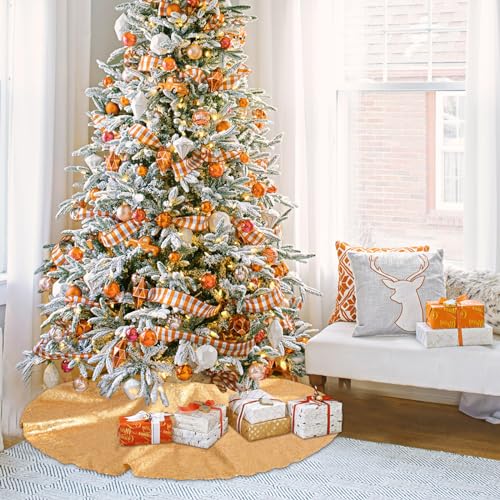 Gold Sequin Christmas Tree Skirt - 36 Inch Sparkly Tree Base Cover