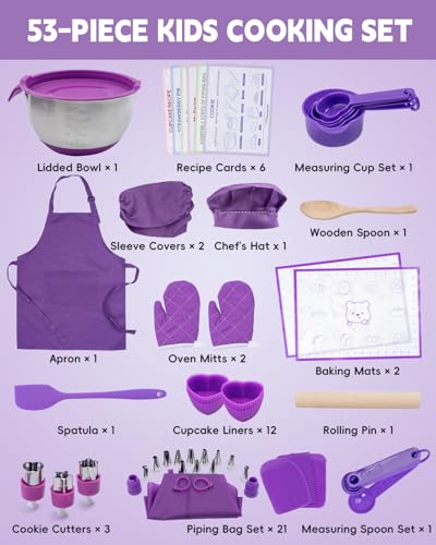 Kids Baking Set with Real Cooking Utensils and Measuring Tools Purple