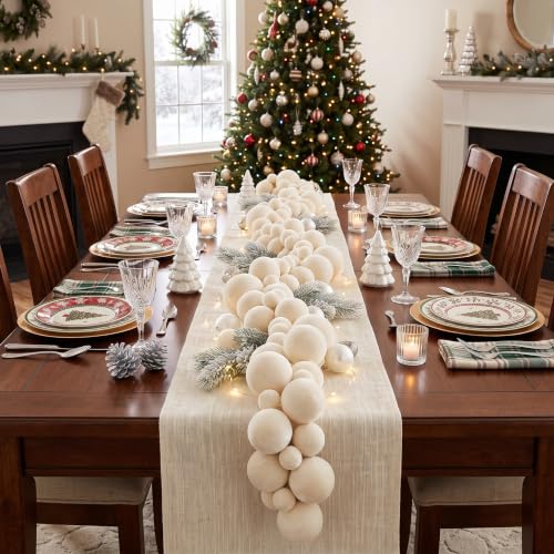 Thiccywoov Cream White 9 ft Velvet Ball Garland Ornament (Large 4in/10cm) – 3 Sizes, Indoor/Outdoor