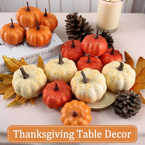 16-Piece Artificial Mini Pumpkin Set with Fall Leaves for Autumn Home Decor