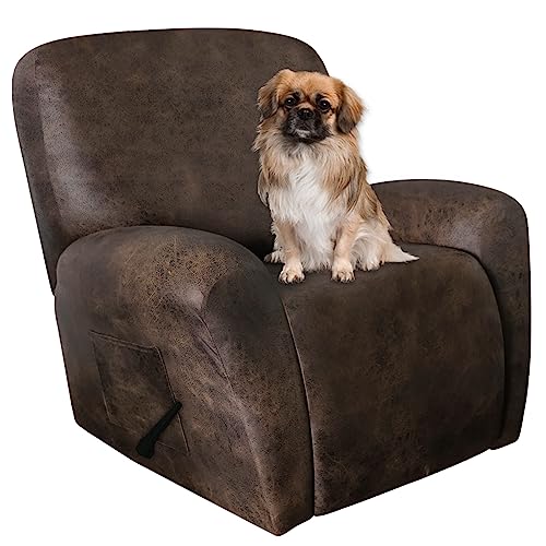 Faux Leather Recliner Chair Cover - 4-Piece Stretch Slipcover (Dark Brown)