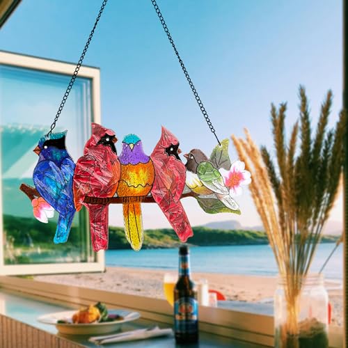 Cardinal Stained Glass Window Hanging Suncatcher - 12.8x16.9 in, Bird Lover Gift by DASTOLL