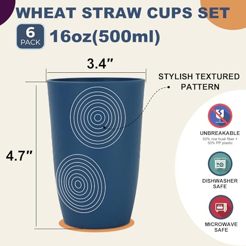 Wrova 16oz Wheat Straw Tumblers Set of 8 with Vibrant 6 Color & Etched Pattern