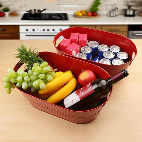 Biugaaufai 2 Pack 3 Gallon Red Galvanized Beverage Tubs with Handles - Large Metal Drink Buckets for Parties & Outdoor Events