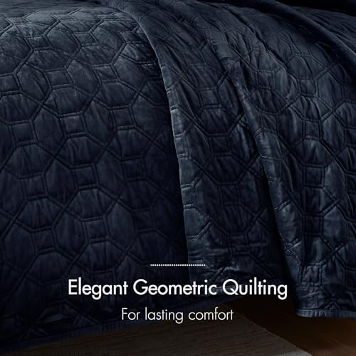 Navy King Velvet Quilt Set - Geometric Design, 3pc Bedding