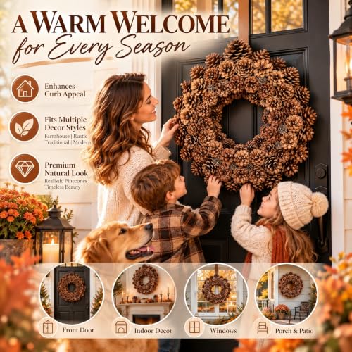 Dark Brown 18 Inch Fall Wreath with Pine Cones for Front Door & Decor