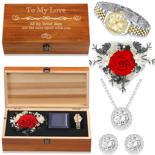 Pttozan Preserved Rose Jewelry Set with Necklace and Earrings - LOVE Words & No Interior - Romantic Gift for Women, Mother’s Day, Anniversary, Christmas