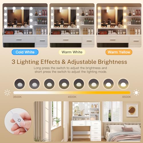 FIONESO White Makeup Vanity Desk with 5 Drawers & LED Lights - Adjustable Brightness & 3 Color Modes