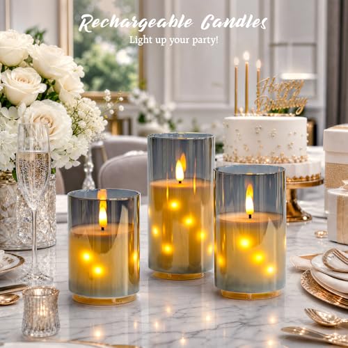 Rechargeable Glass Flameless Candles with Remote & Timer, 3D Wick, Grey-Embedded Fairy Lights, Real Wax 3-Pack