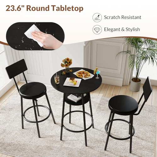 3-Piece Pub Table and Bar Stool Set with Cushioned Seats - Black