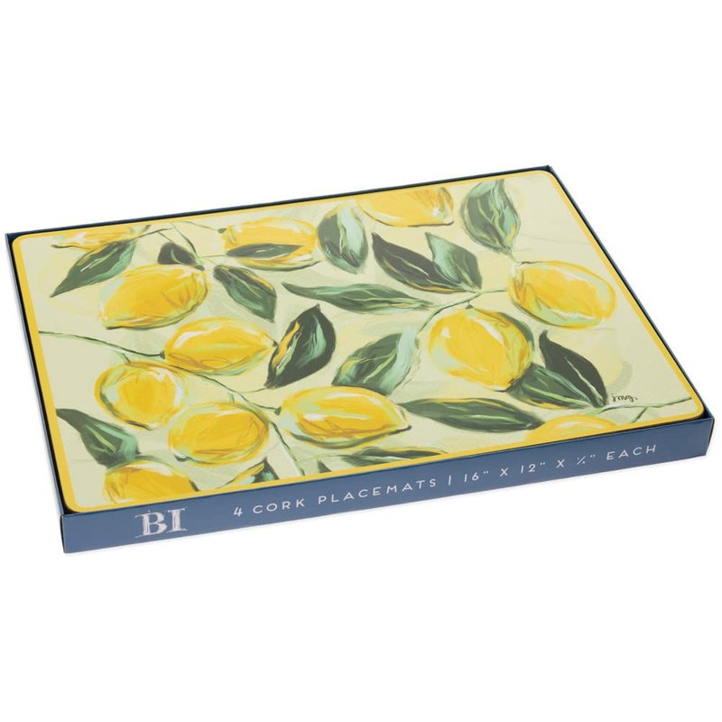 Boston International Placemats Cork Backed Placemat Set, 15.75" x 11.75", Painterly Lemons, 4-Count