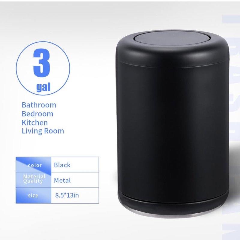 BRIEFHUMAN Waste Can 3 Gallon with Swing Lid，Brushed Stainless Steel Trash Can，Metal Cylindrical Garbage Can，Brass Wastebasket Bin for Bathroom,LivingRoom,Office,Kitchen,Bedroom,Hotel (Black)