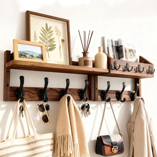 27-Inch Wall Mounted Coat Rack with Shelf and 11 Hooks, Wood Entryway Organizer
