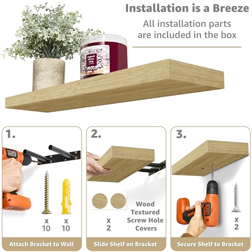 24-Inch Floating Wall Shelves - Set of 3 Maple Wood Display Shelves