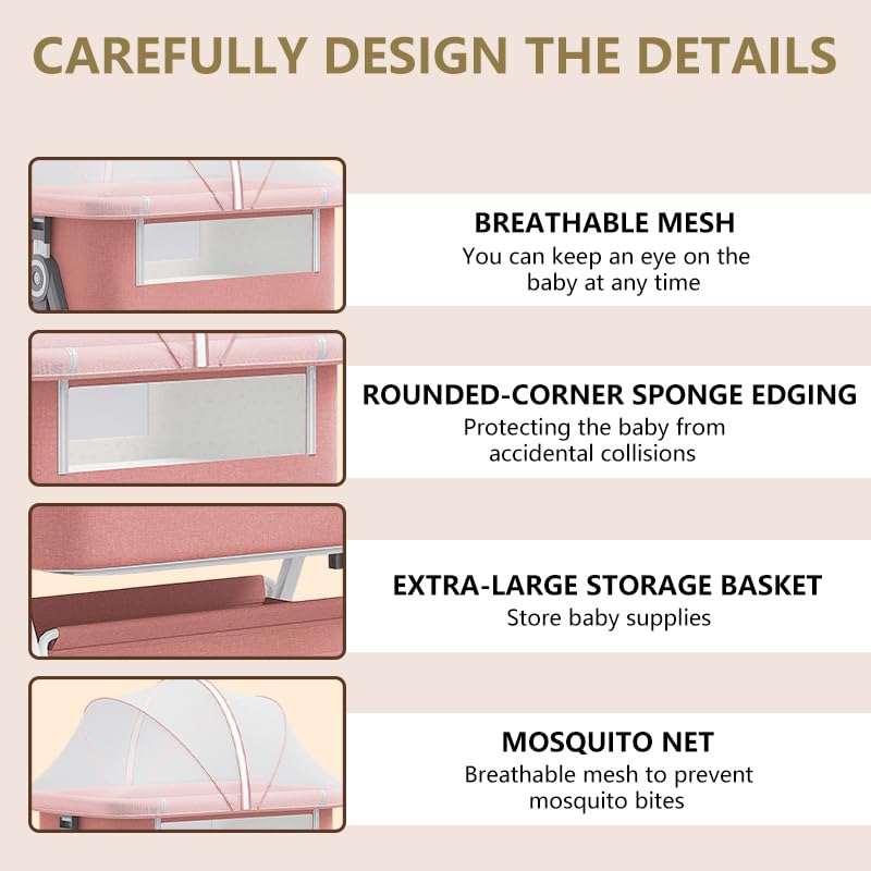3-in-1 Baby Bassinet Bedside Sleeper with Mattress & Mosquito Net