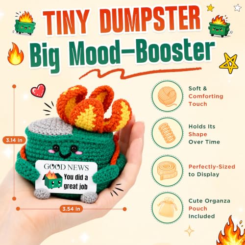 Handmade Crochet Dumpster Fire Desk Decor with 16 Funny Affirmation Cards