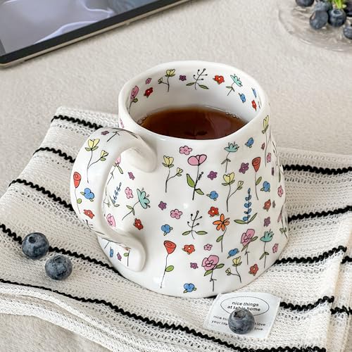 Movlen White 20oz Large Ceramic Floral Mug with Handmade Irregular Shape & Big Handle — Pink Girly Tea & Coffee Cup for Women, Mothers Day, Christmas
