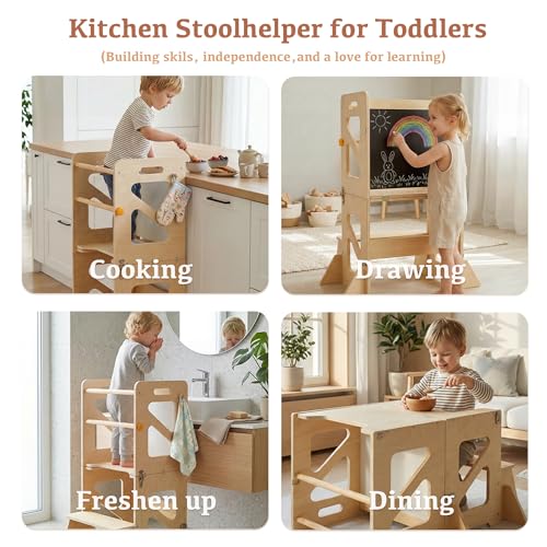 4-in-1 Foldable Toddler Learning Tower, Anti-Tip Kitchen Helper Stool