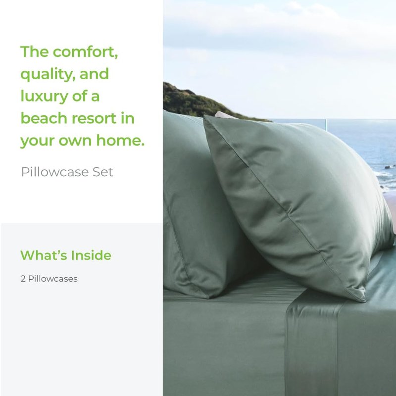 Cariloha Resort 2-Piece Sateen Pillowcase Set | Ocean Mist | Standard | Viscose Material | Breathable and Cooling Pillowcases for Hot Sleepers
