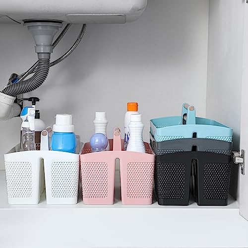 Rejomiik Portable Plastic Shower Caddy Basket with Wood Handle, White