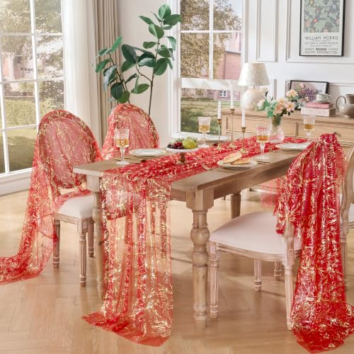 Red Gold 29x120 in Metallic Foil Tulle Table Runner - Crackle Sequin Wedding